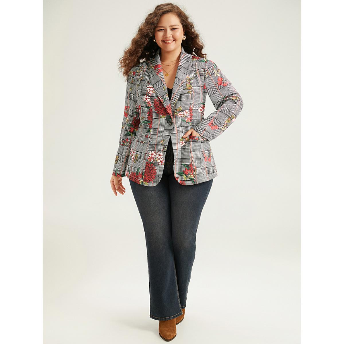 Plus Size Floral Plaid Patchwork Pocket Blazer Multicolor Women Dailywear Plaid Printed Sleeve Long Sleeve Lapel Collar 14-16/1X Pocket Elegant Blazers BloomChic Product Image