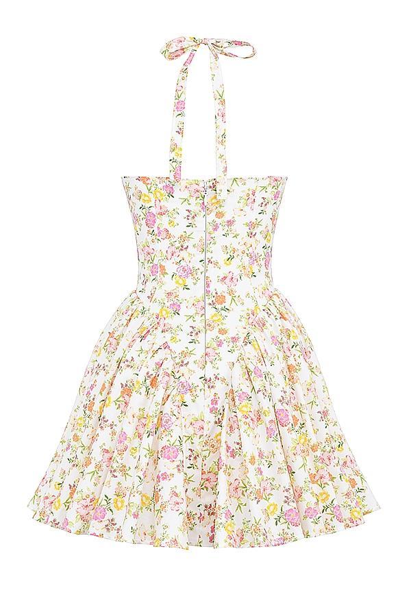 Valentia Ivory Meadow Print Cotton Halter Mini Dress Product Image