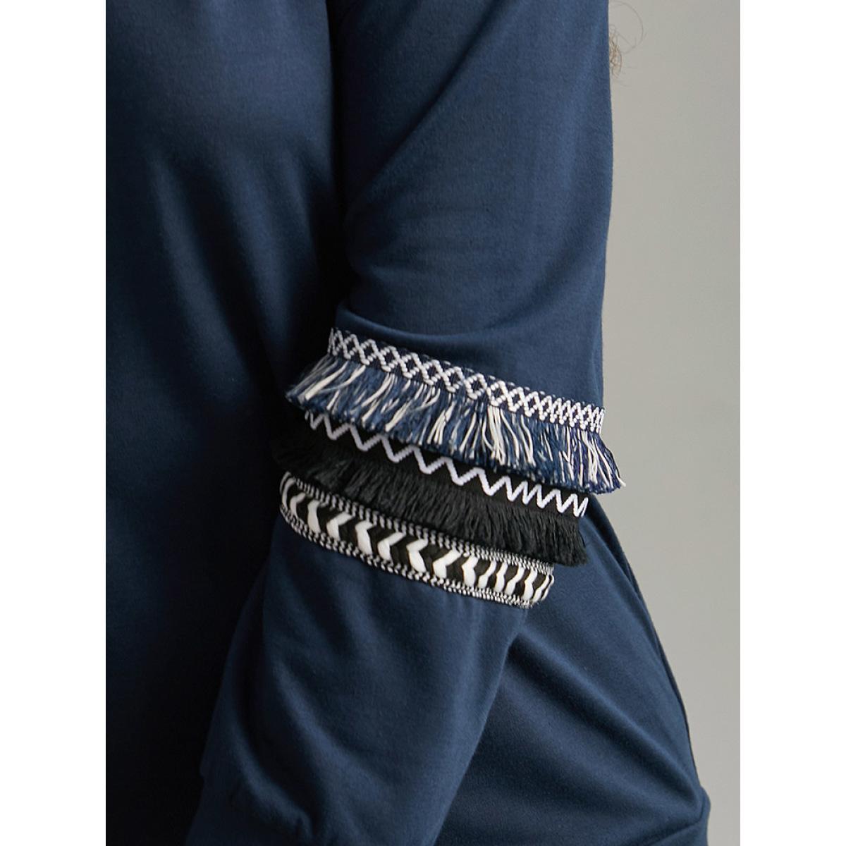 Plus Size Tassels Trim Layered Patchwork Sweatshirt Women DarkBlue Elegant Tassels Round Neck Dailywear Sweatshirts BloomChic 10/M Product Image