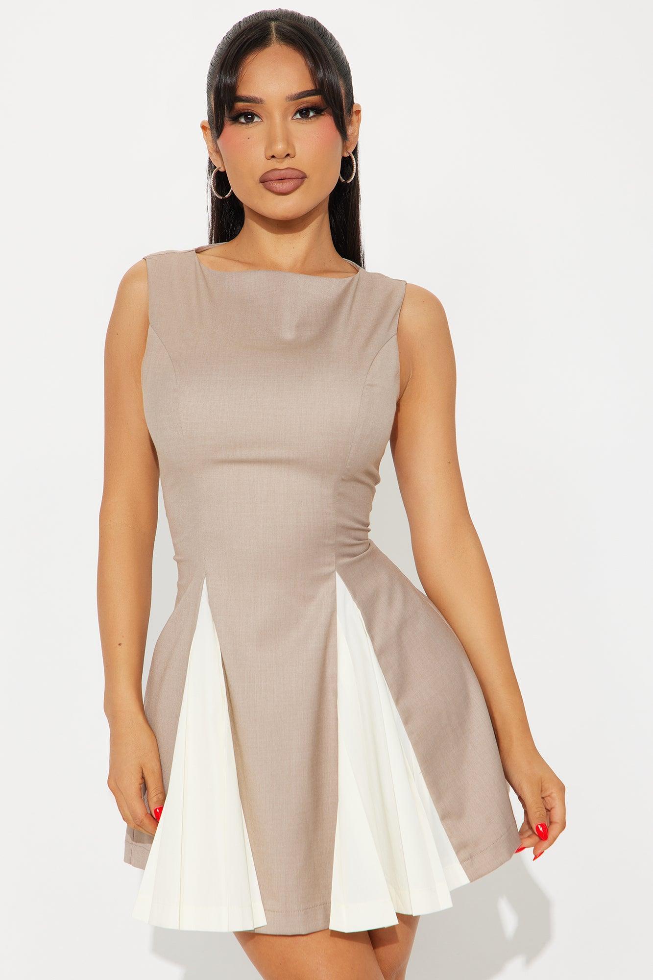 Giselle Pleated Mini Dress - Taupe Product Image