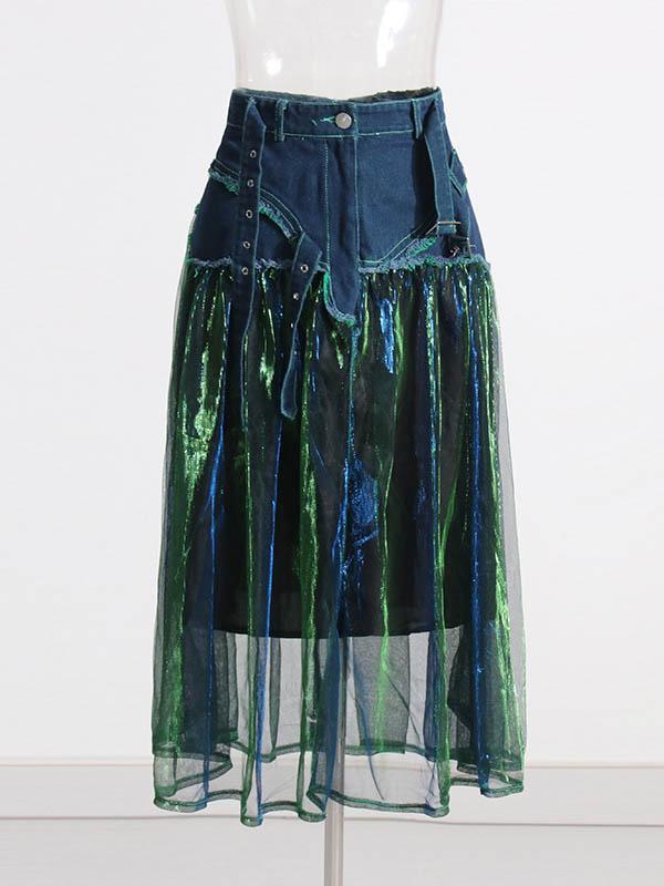 A-Line High Waisted Belted Shiny Skirts Bottoms Product Image