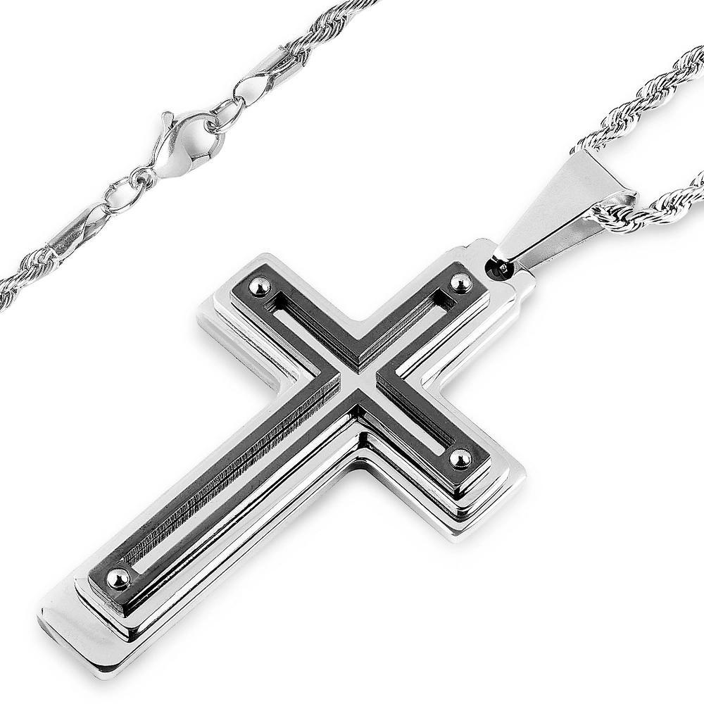 Men's West Coast Jewelry Silvertone and Blackplated Stainless Steel Multi-layer Cross Pendant Product Image