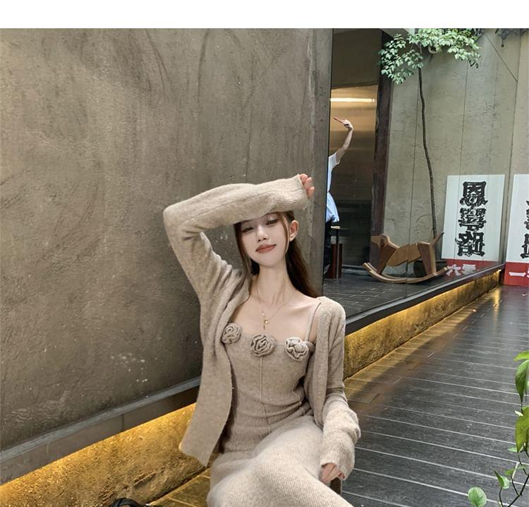 Plain Flower Detail Knit Cami Top / Open Front Cardigan / High Rise Maxi A-Line Skirt Product Image