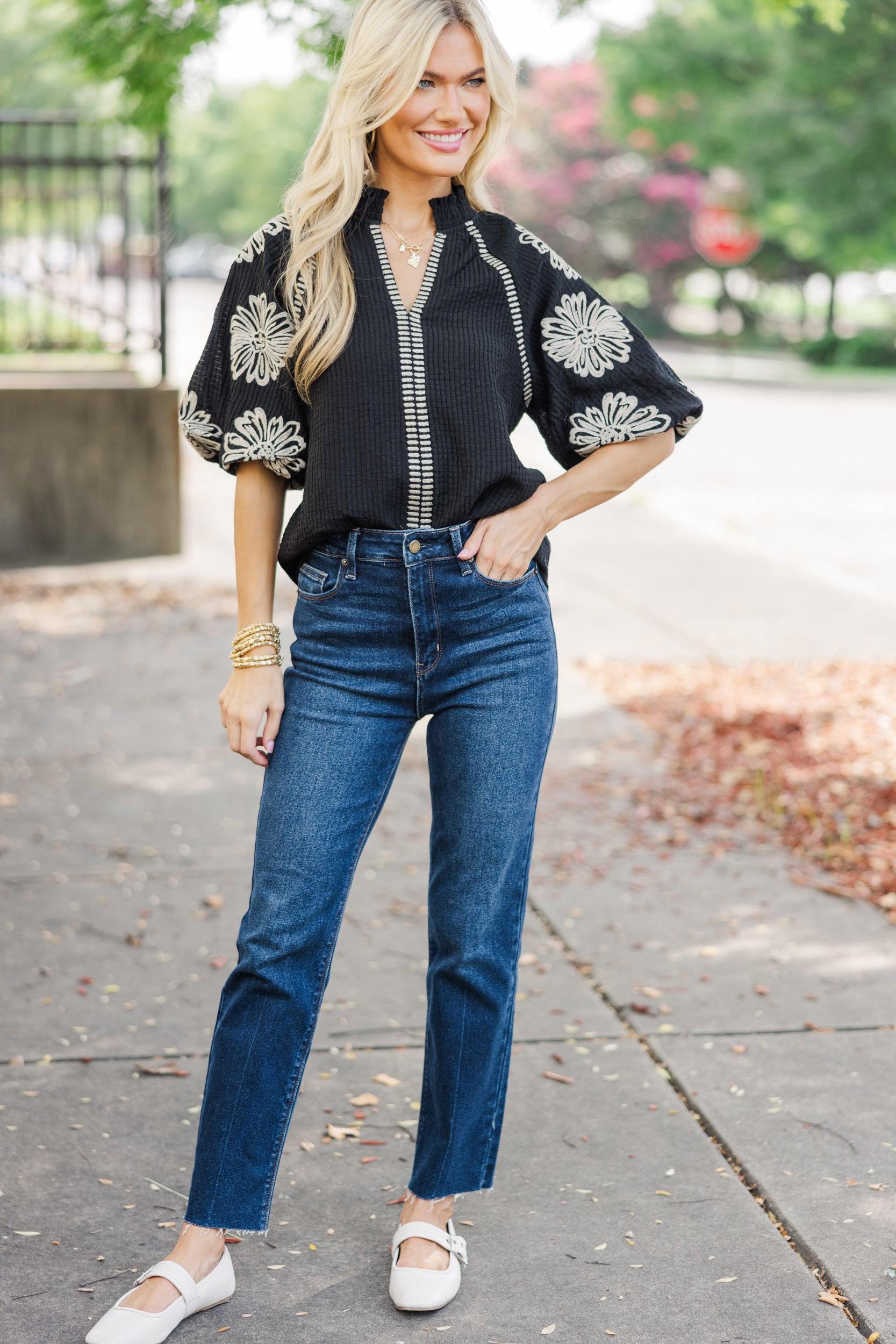 THML: Be The Light Black Embroidered Blouse Female Product Image