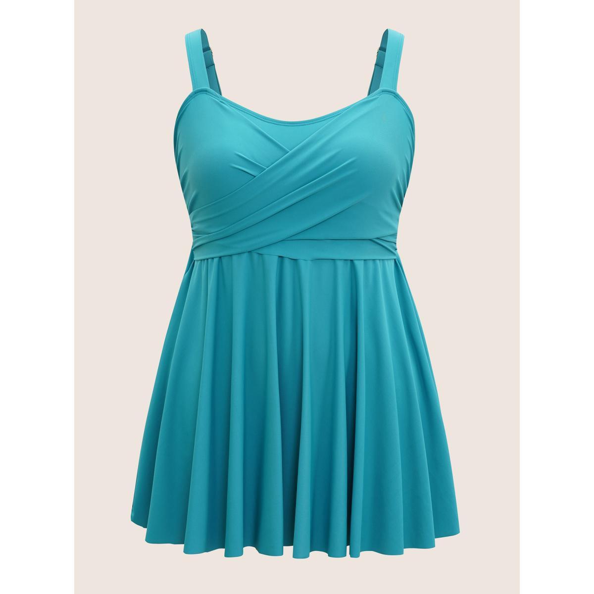 Plus Size Plain Crossover Gathered Detail Swim Dress Women's Swimwear Teal Beach Bodycon Heart neckline High stretch Curve Swim Dresses BloomChic 18-20/2X Product Image