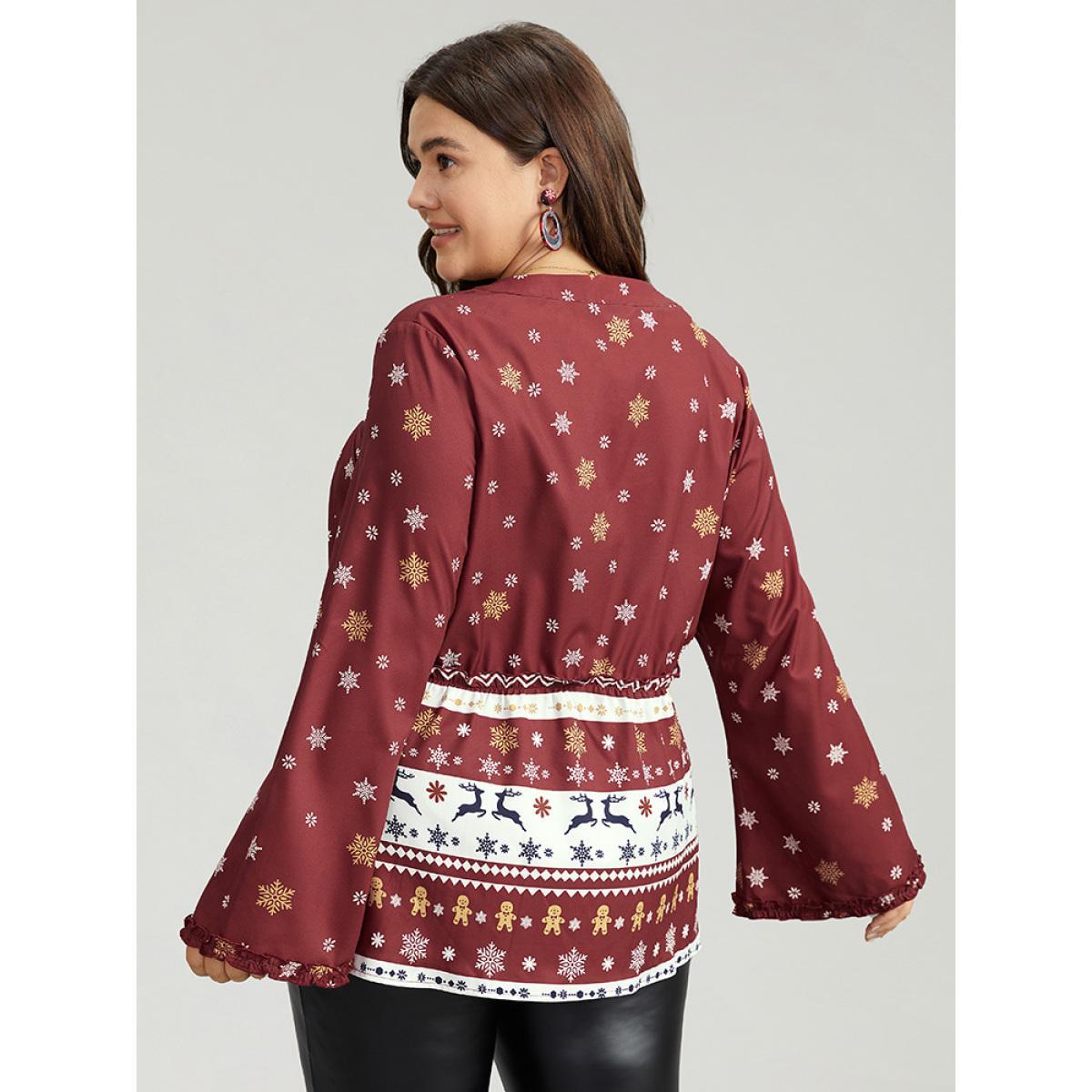 Plus Size Scarlet Christmas Print Tassels Ties Blouse Women Elegant Long Sleeve Tie Neck Festival-Christmas Blouses BloomChic 30/6X Product Image
