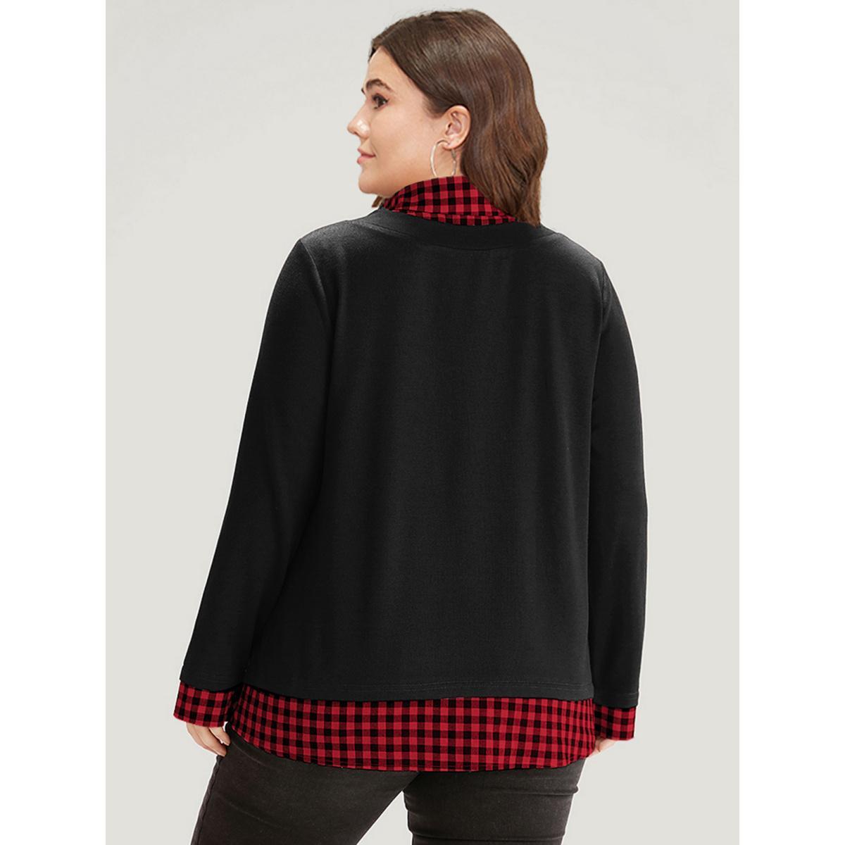 Plus Size Gingham Patchwork Shirt Collar Arc Hem Sweatshirt Women Multicolor Casual Patchwork V-neck Everyday Sweatshirts BloomChic 18-20/2X Product Image