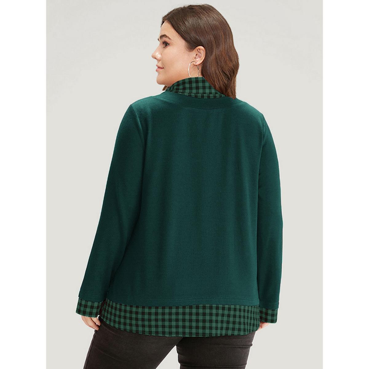 Plus Size Gingham Patchwork Shirt Collar Arc Hem Sweatshirt Women Green Casual Patchwork V-neck Everyday Sweatshirts BloomChic 26/4X Product Image