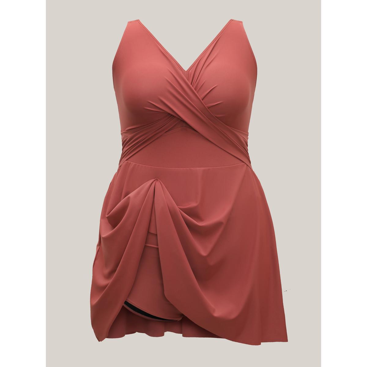 Plus Size Anti-Float Ties Crossover Swim Dress Women's Swimwear Rust Beach Bodycon Overlap Collar High stretch Curve Swim Dresses BloomChic 28/5X Product Image