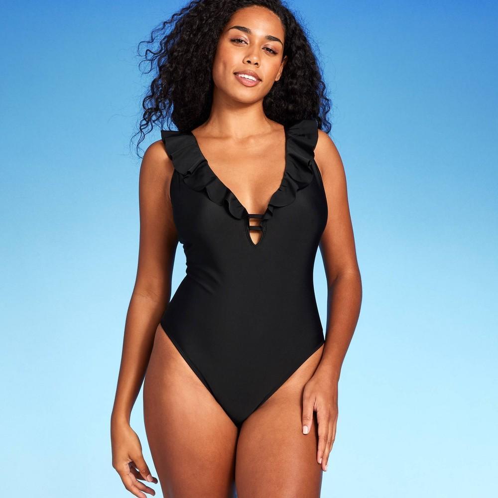 Womens Ruffle Plunge One Piece Swimsuit - Shade & Shore Off-White L Product Image