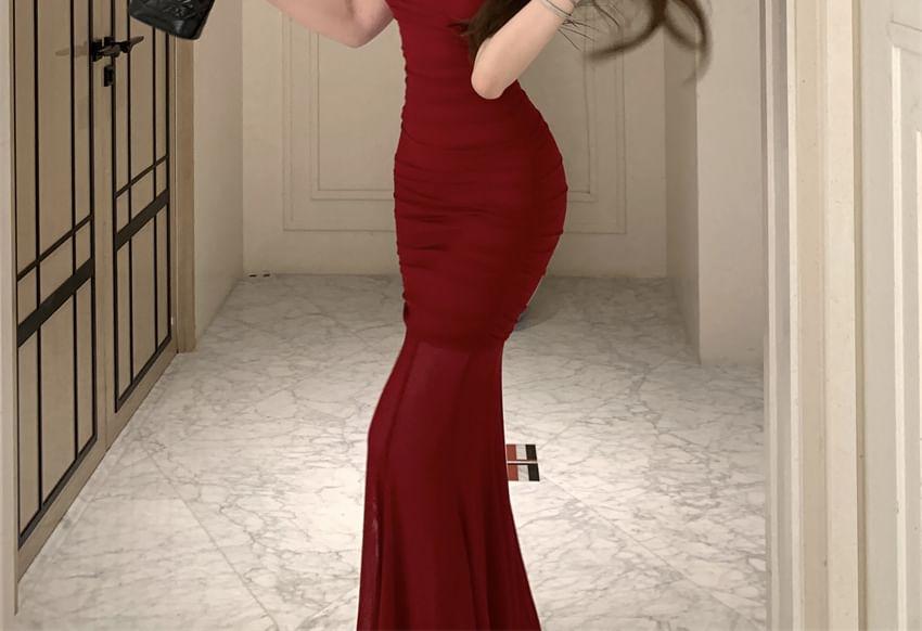 Halter Plain Ruched Maxi Mermaid Dress Product Image