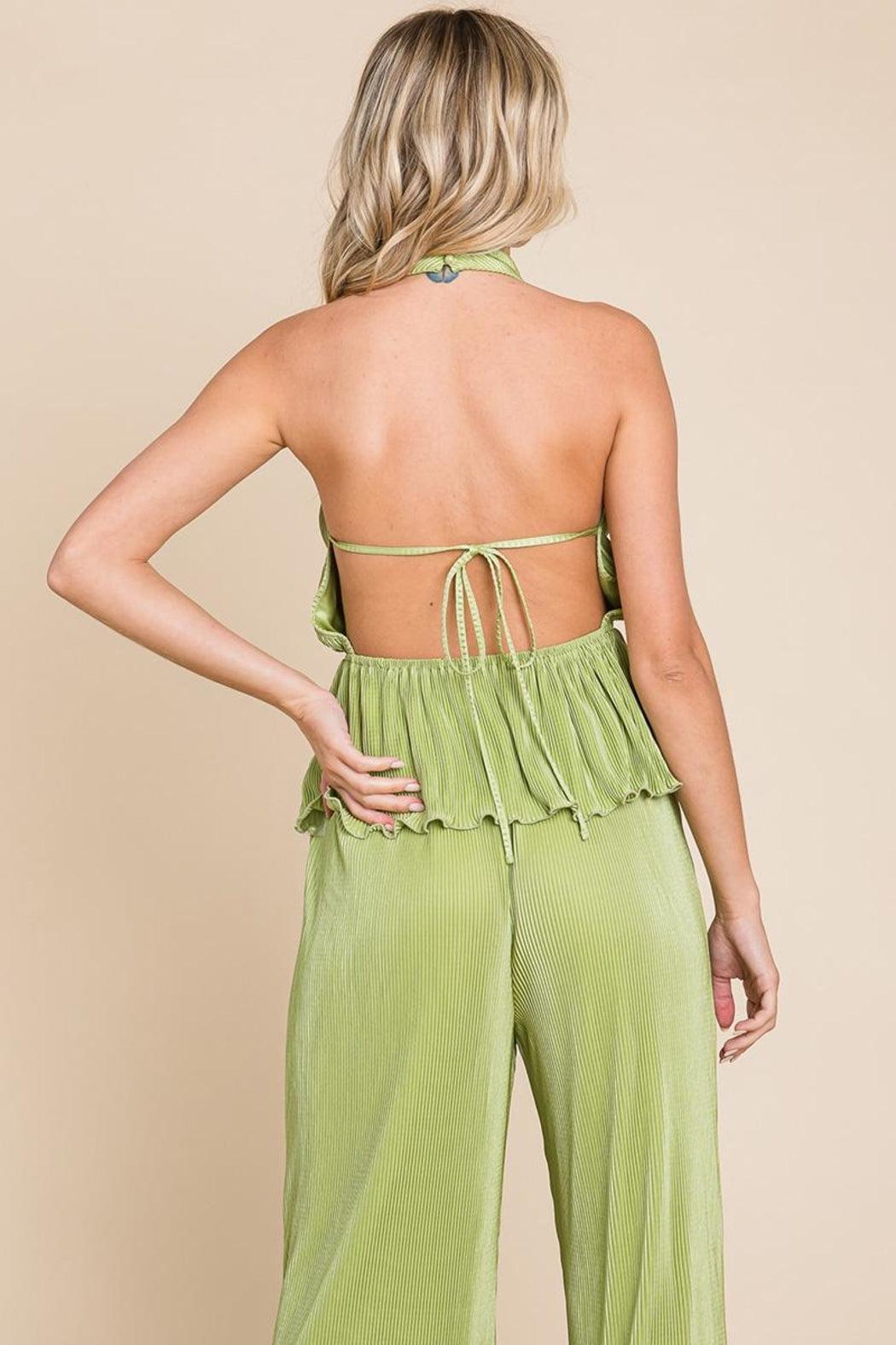 Pleated Backless Halter Tank & Wide Leg Pants Sets Product Image