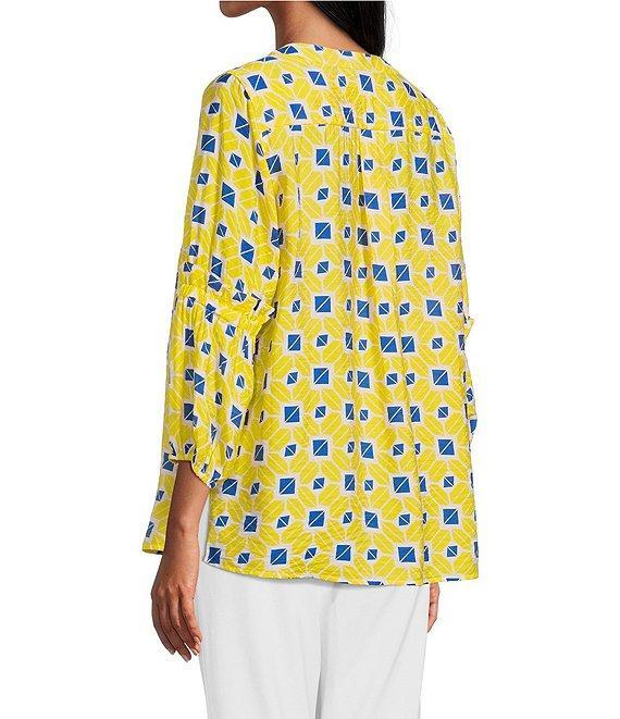 Multiples Geo Print Crinkle Woven Y-Neck 3/4 Bishop Sleeve Side Slit Top Product Image