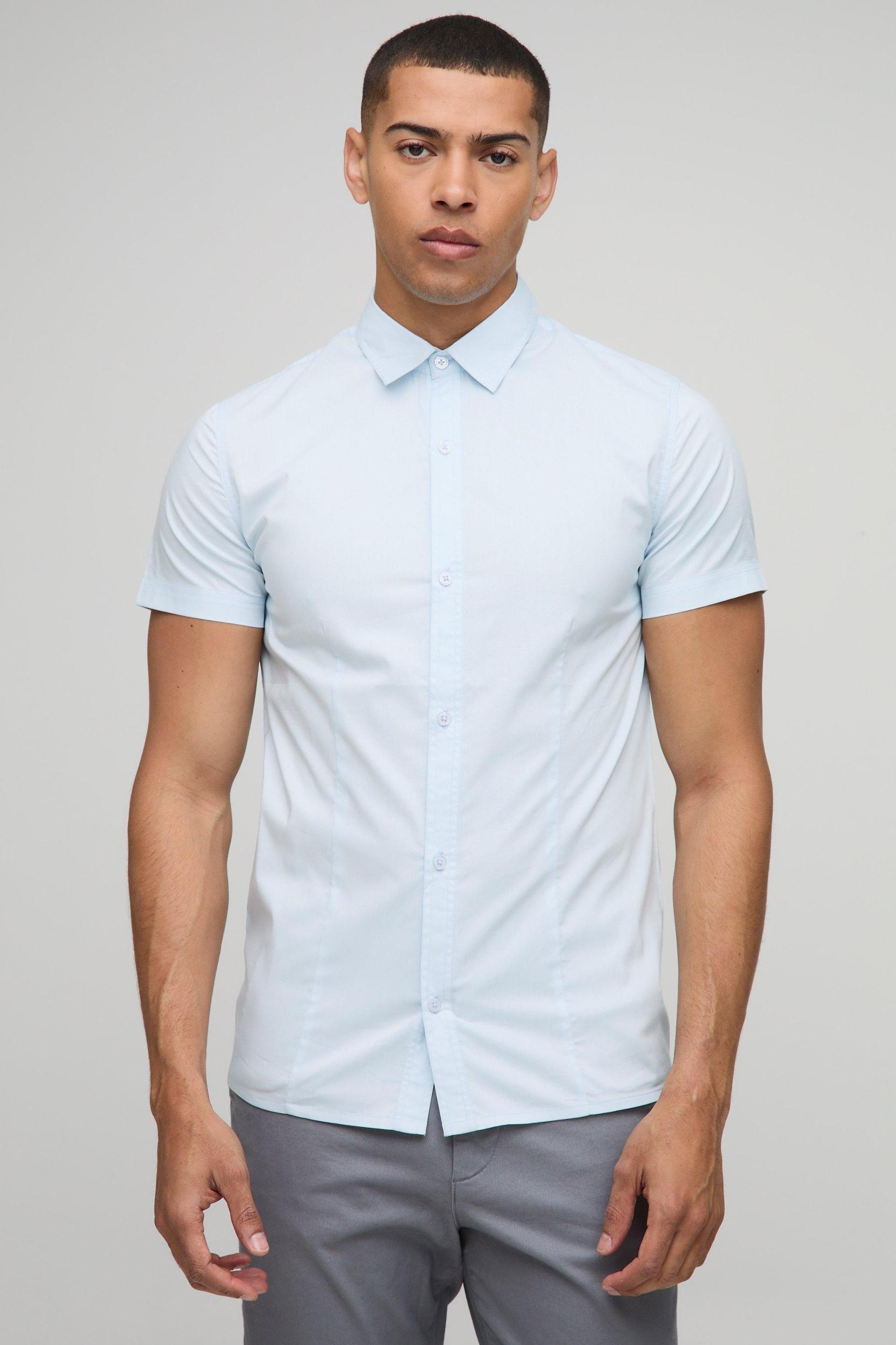 Stretch Fit Basic Short Sleeve Collared Shirt | boohooMAN USA Product Image