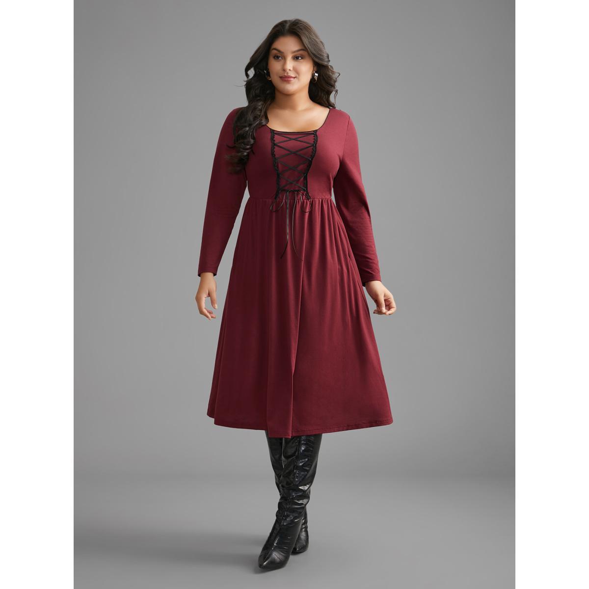 Plus Size Square Neck Lace Panel Lace Up Dress Burgundy Women Elegant Woven ribbon&lace trim Square Neck Long Sleeve Curvy BloomChic 18-20/2X Product Image