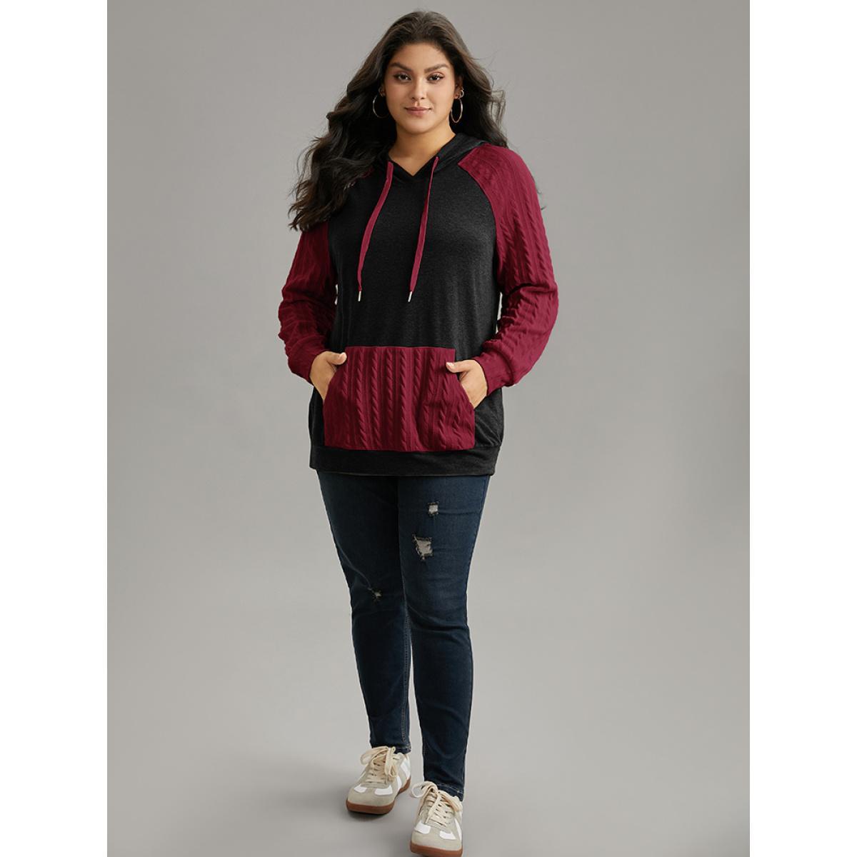 Plus Size Contrast Cable Knit Pocket Hooded Drawstring Sweatshirt Women Black Casual Texture Hooded Everyday Sweatshirts BloomChic 30/6X Product Image