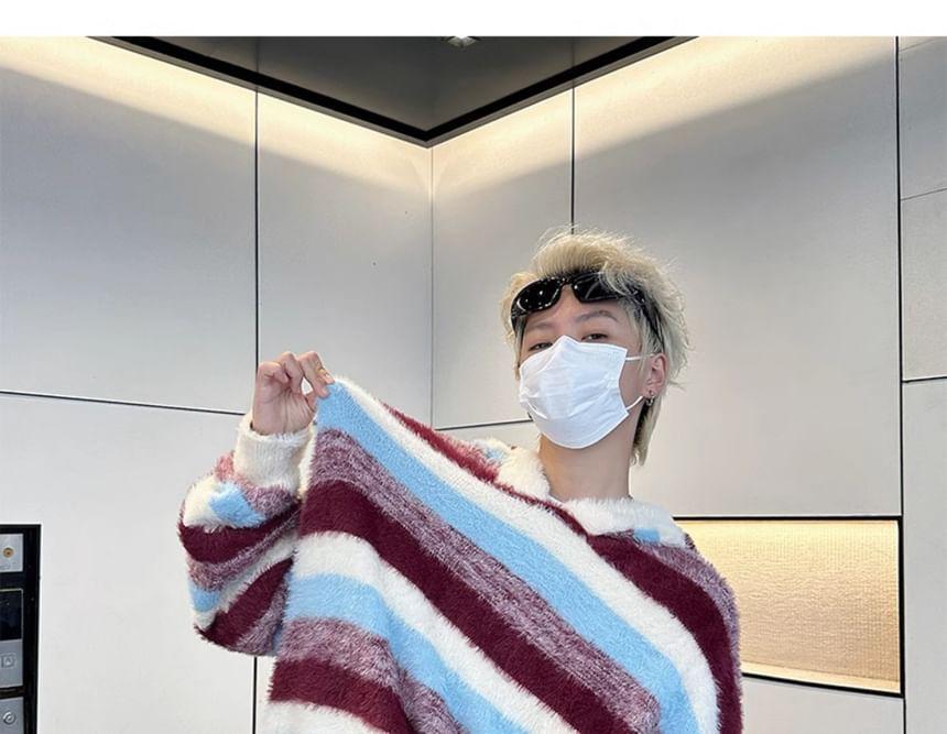 Drop-Shoulder Striped Hooded Sweater Product Image