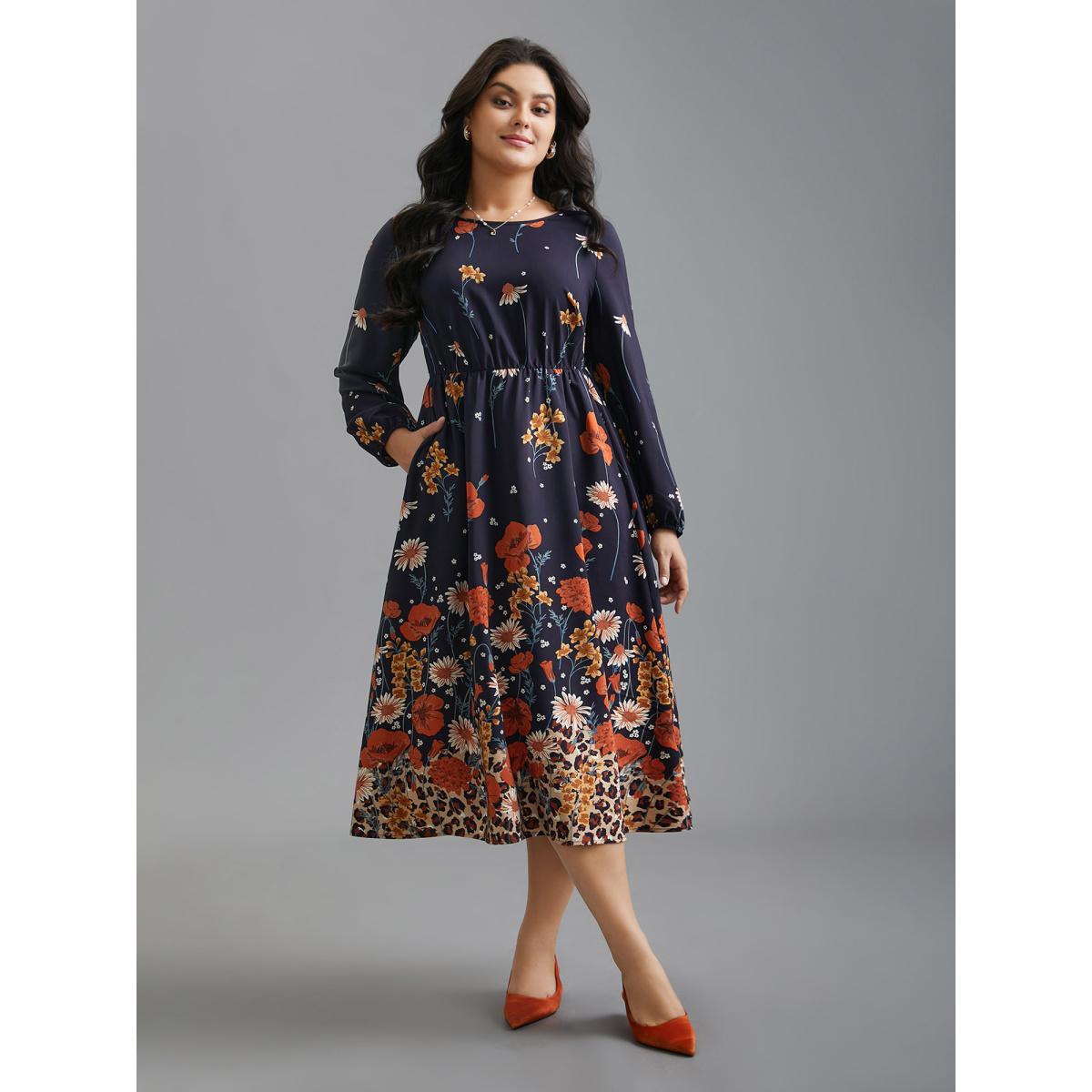 Plus Size Floral Boho Print Lantern Sleeve Dress Indigo Women Elegant Non Round Neck Long Sleeve Curvy BloomChic 30/6X Product Image