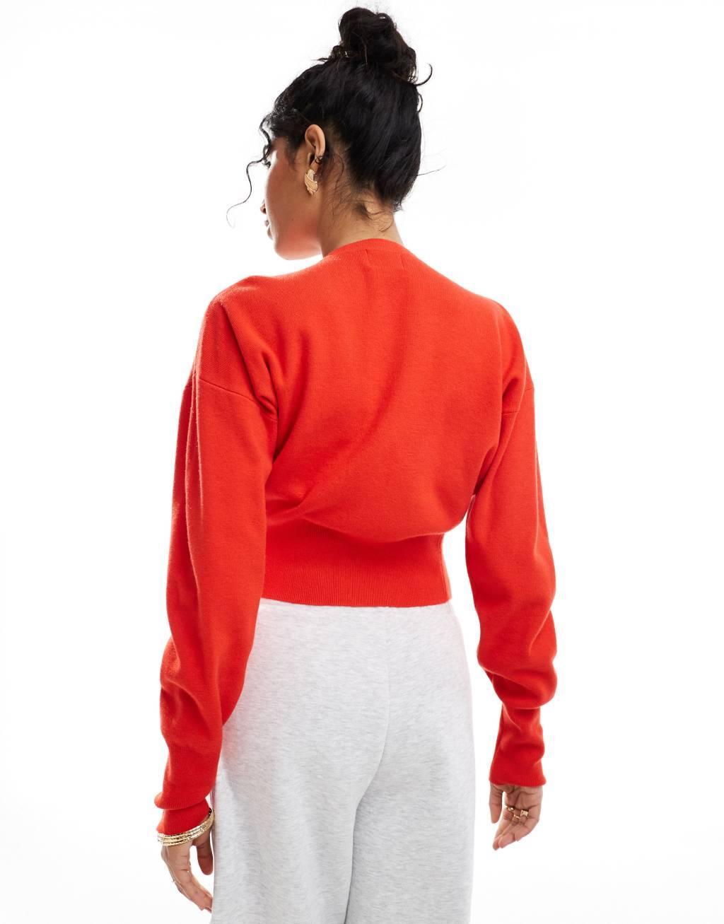 ASOS DESIGN crew neck cardigan with rib hem detail in red Product Image