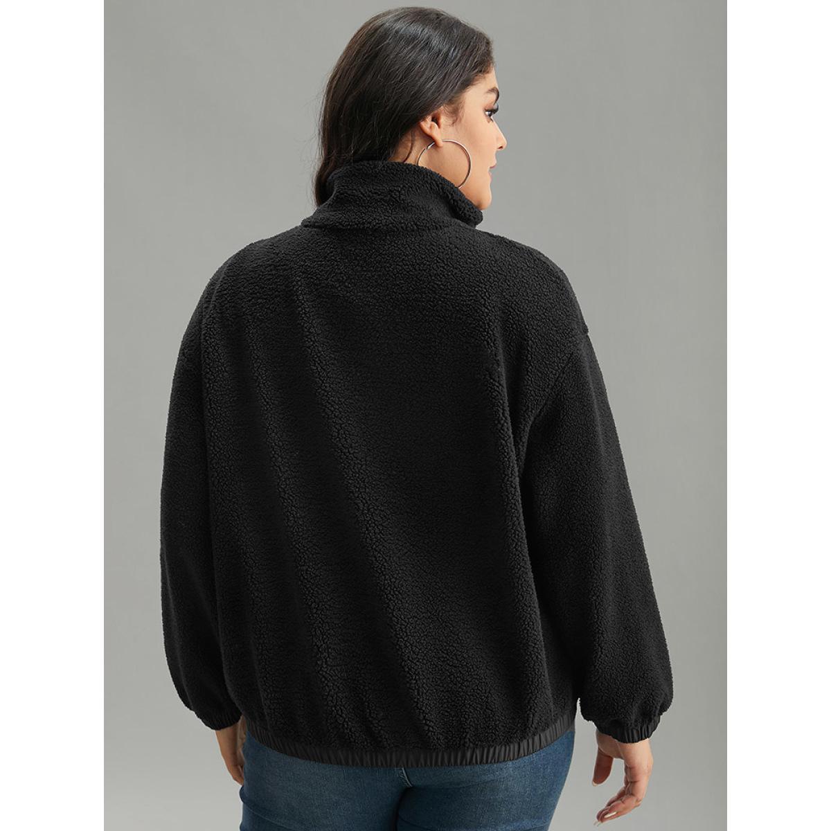 Plus Size Solid Patchwork Button Up Pocket Zipper Jacket Women Black Zipper Pocket Dailywear Jackets BloomChic 26/4X Product Image