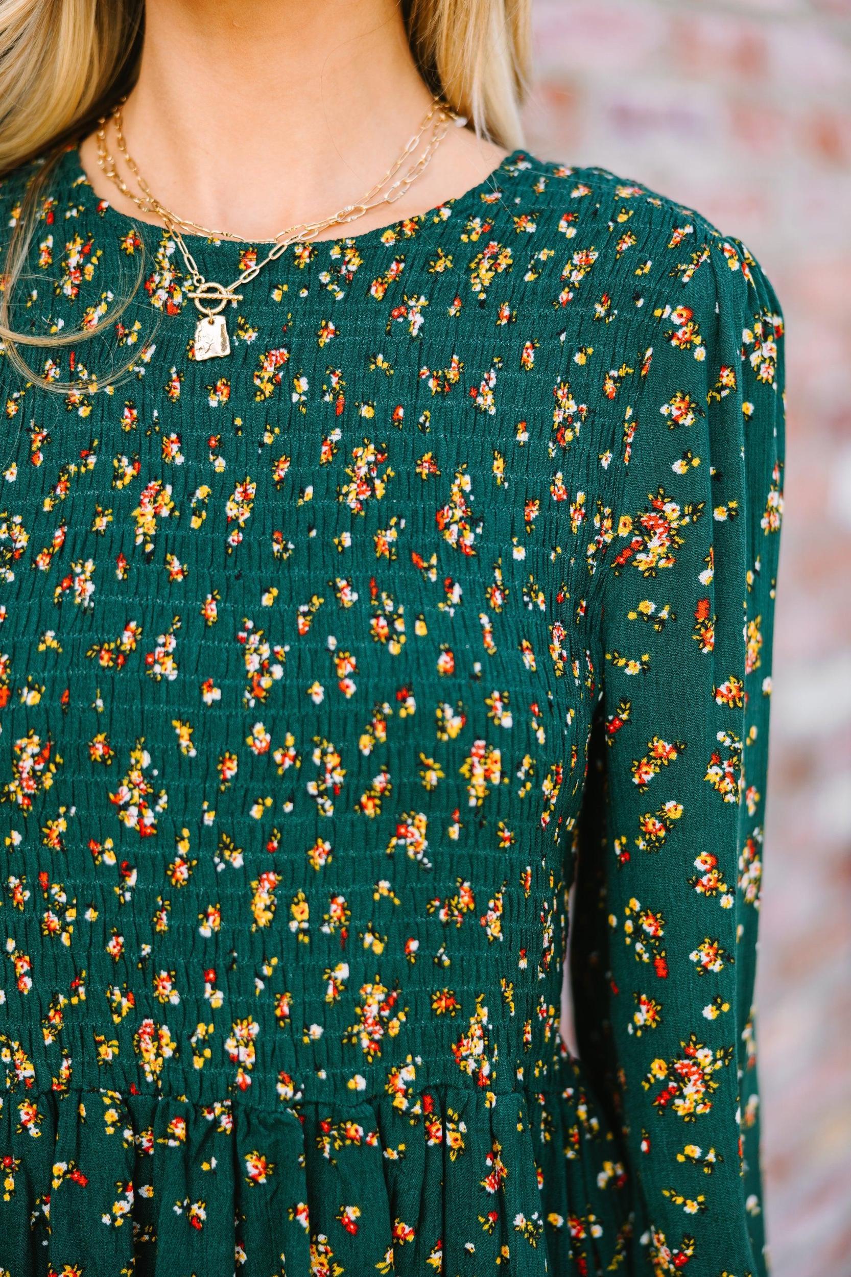 Getting Close Hunter Green Ditsy Floral Blouse Female Product Image