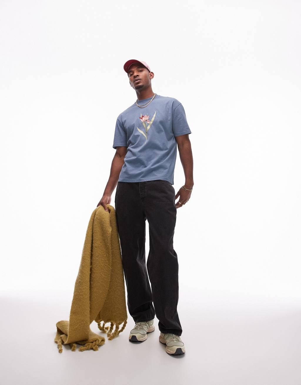 Topman premium oversized fit T-shirt with botanicals embroidery in blue Product Image