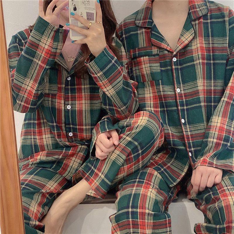 Couple Matching Pajama Set: Plaid Top + Pants Product Image