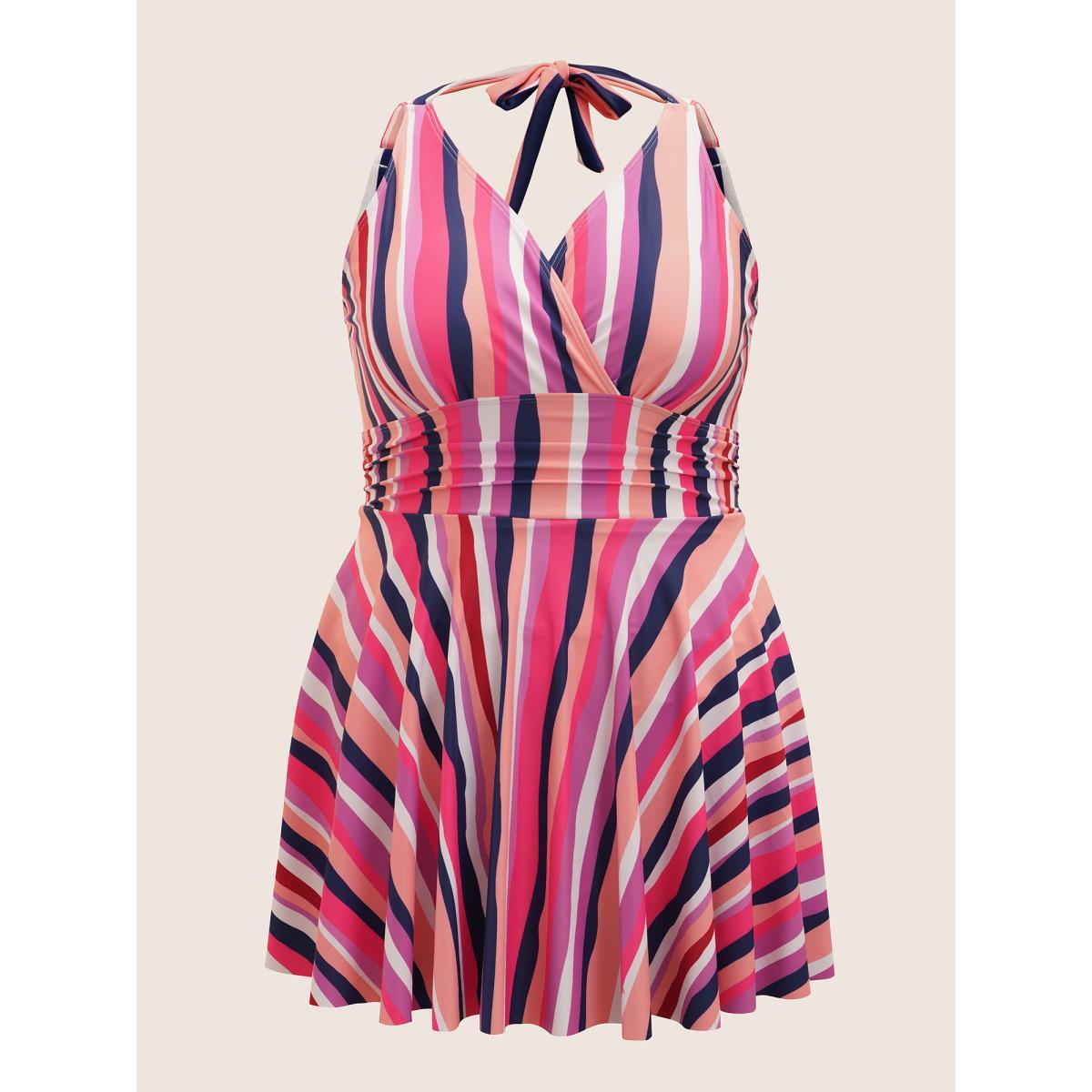 Plus Size Overlap Collar Striped Tie Knot Swim Dress Women's Swimwear Multicolor Beach Bodycon Overlap Collar High stretch Curve Swim Dresses BloomChic 26/4X Product Image