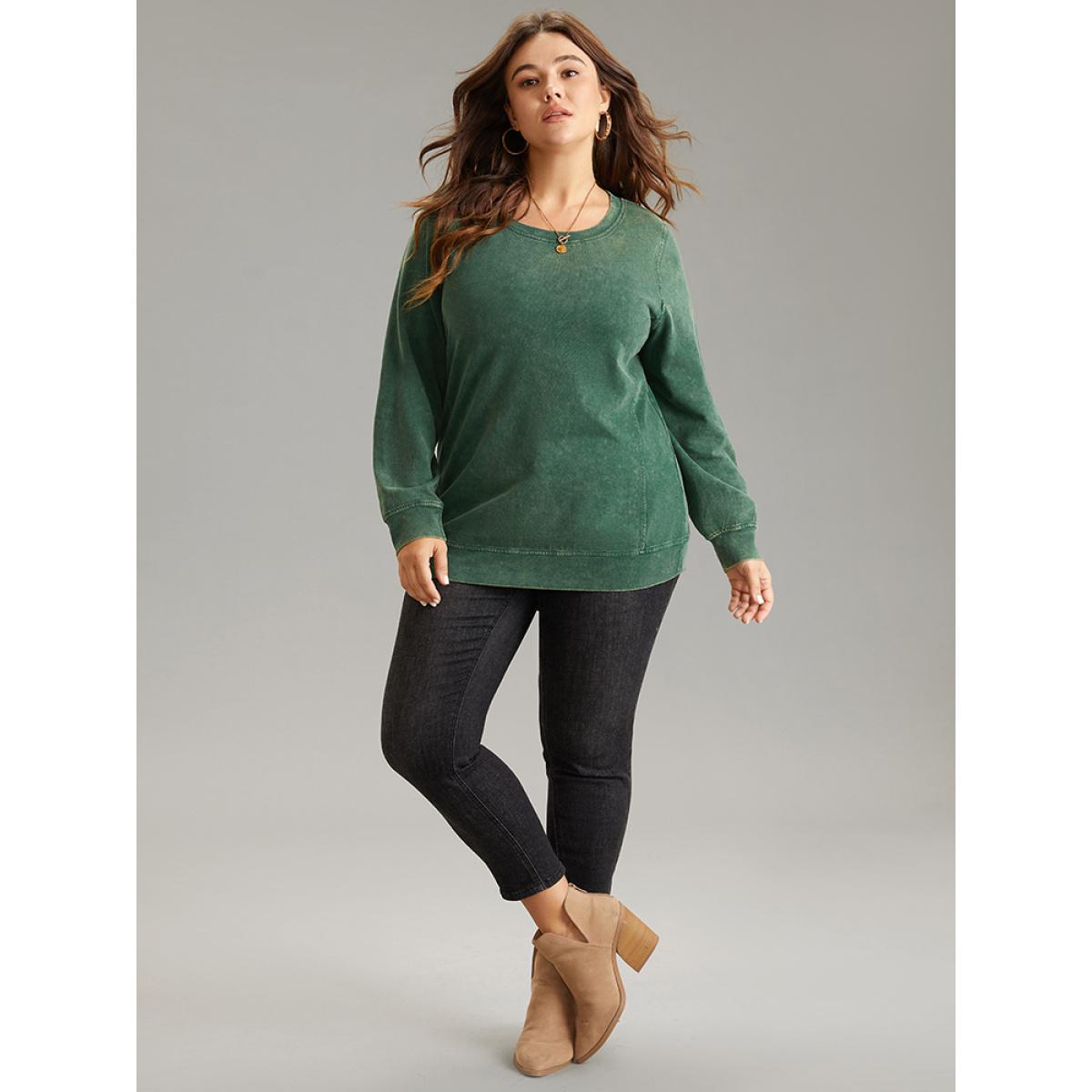 Plus Size Solid Vintage Round Neck Sweatshirt Women Cyan Casual Plain Round Neck Dailywear Sweatshirts BloomChic 28/5X Product Image