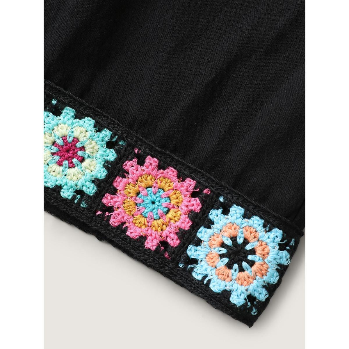 Plus Size Crochet Floral Hem Drawstring Shorts Women Black Casual Drawstring Wide Leg Everyday-Elegant Shorts BloomChic 10/M Product Image