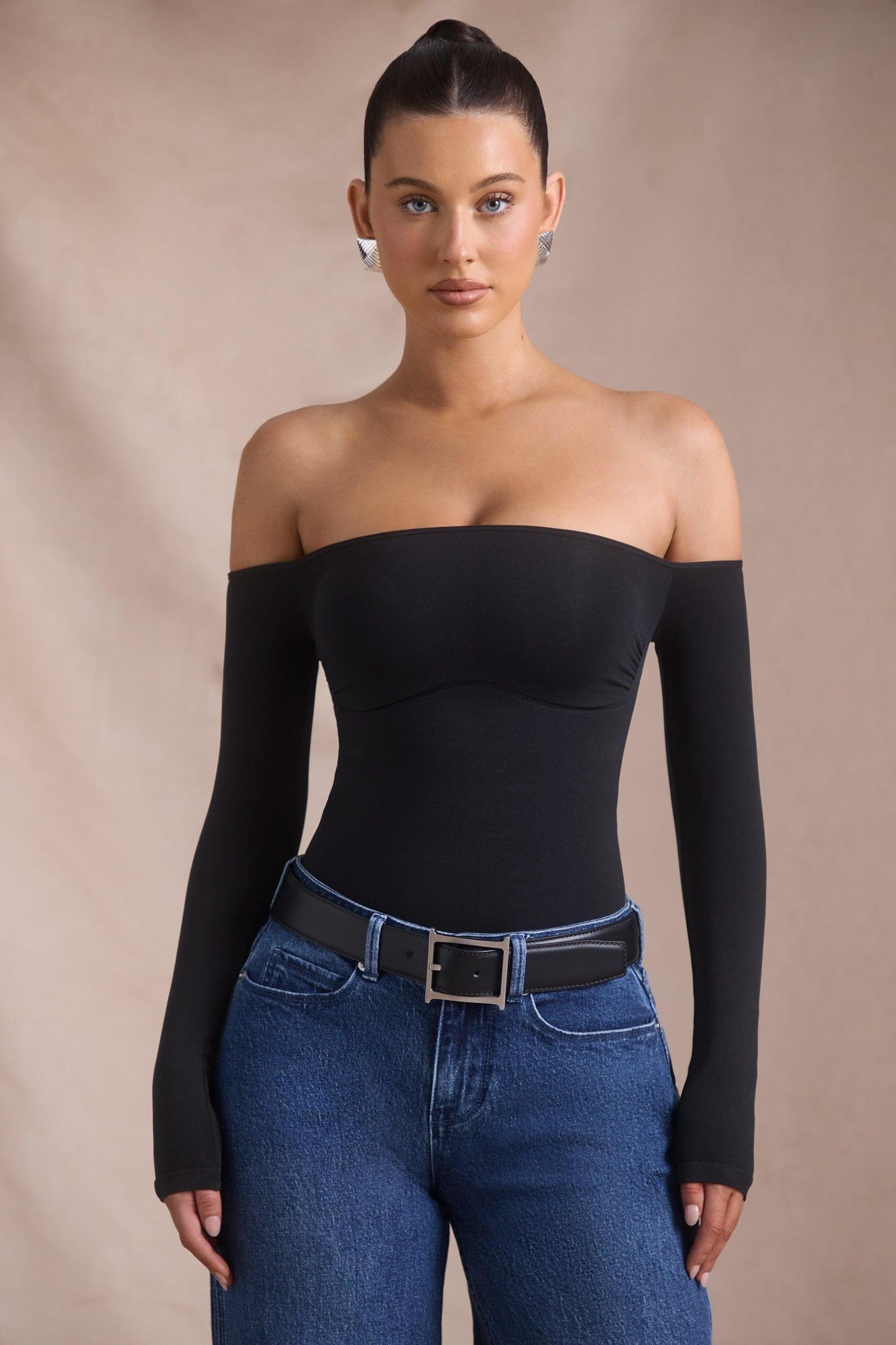 Seamless Off-Shoulder Long-Sleeve Bodysuit in Black Product Image
