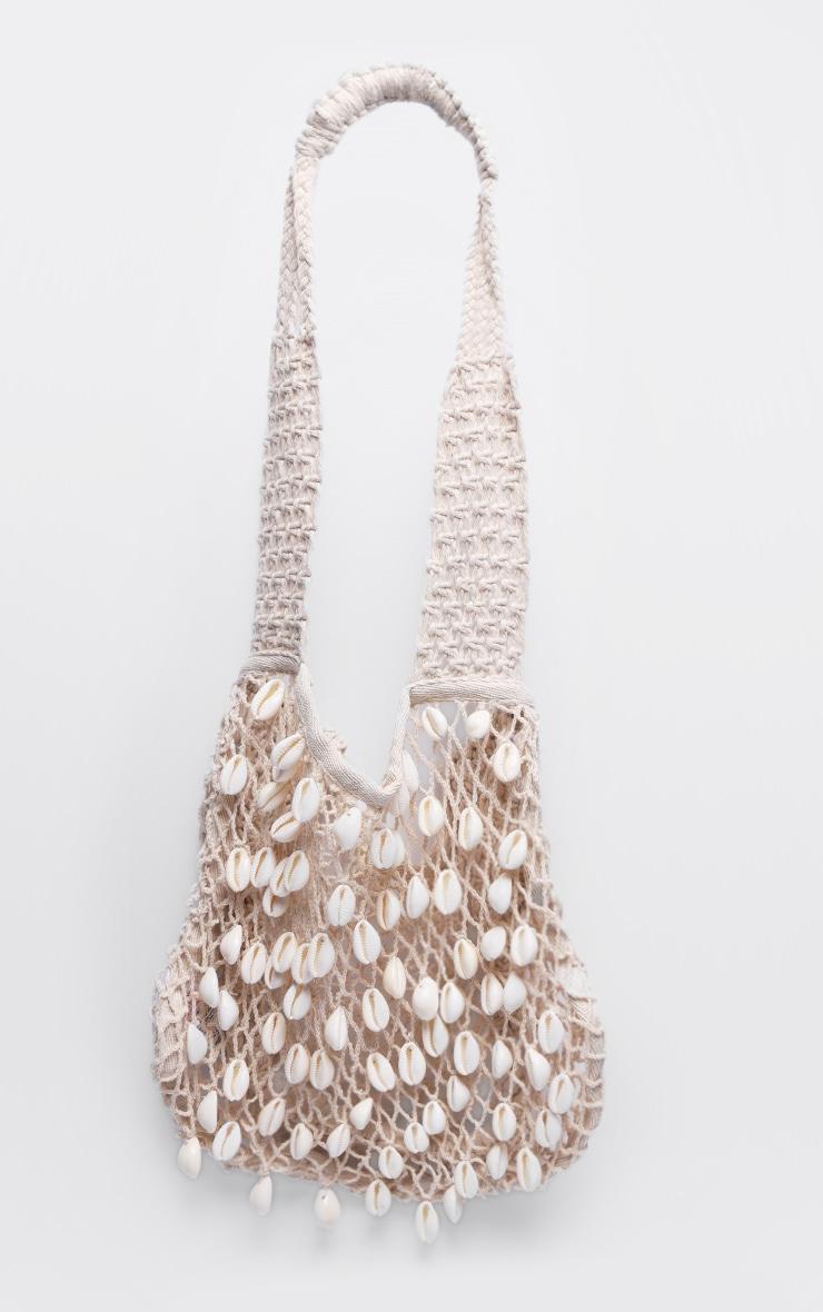 Cream Crochet Knit Shell Detail Beach Shopper Bag Product Image