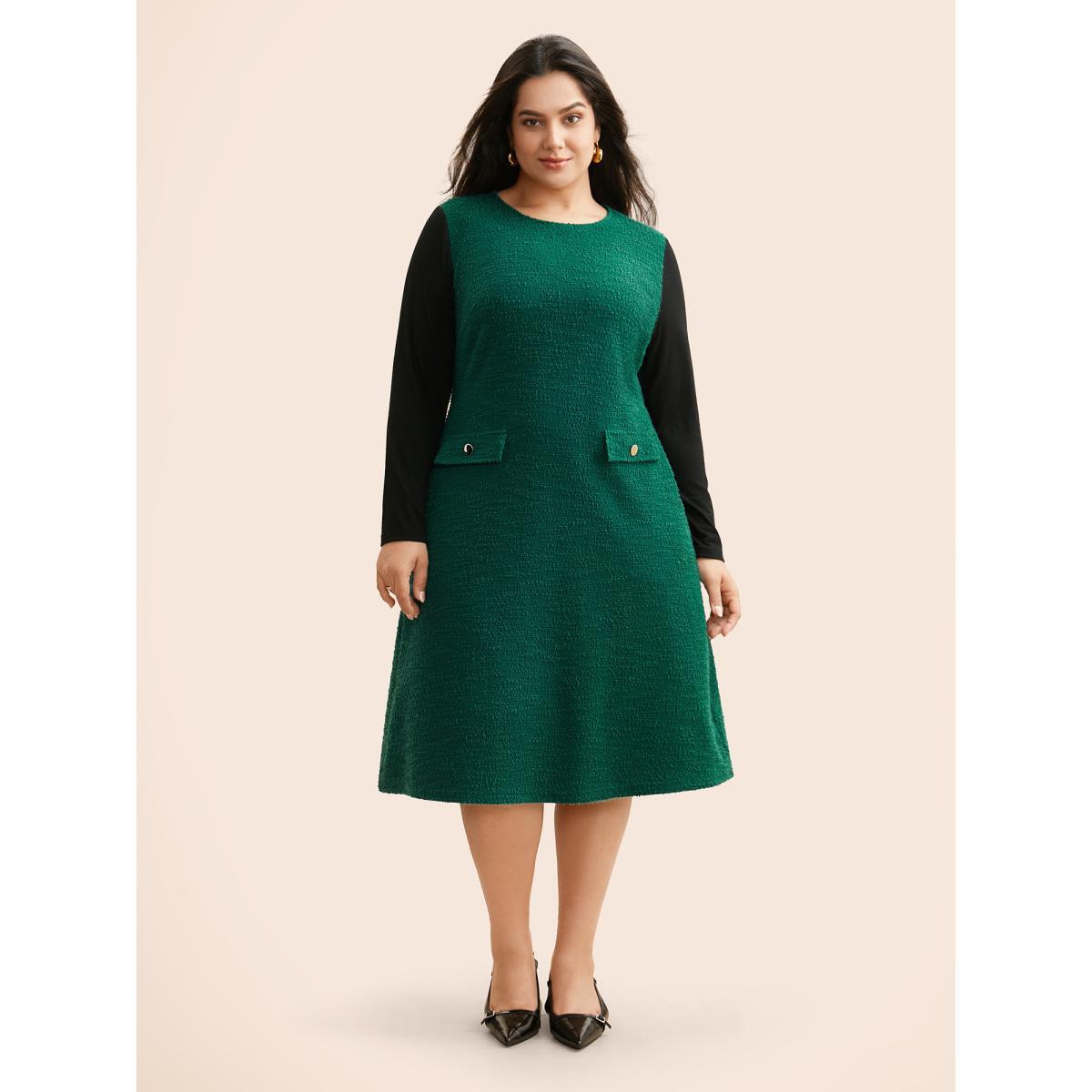 Plus Size Textured Patchwork Flap Detail Dress DarkGreen Women Elegant Texture Round Neck Long Sleeve Curvy BloomChic 30/6X Product Image