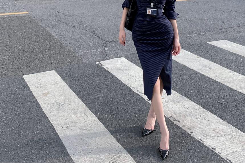 Long Sleeve V-Neck Striped Bodycon Dress (Various Designs) Product Image