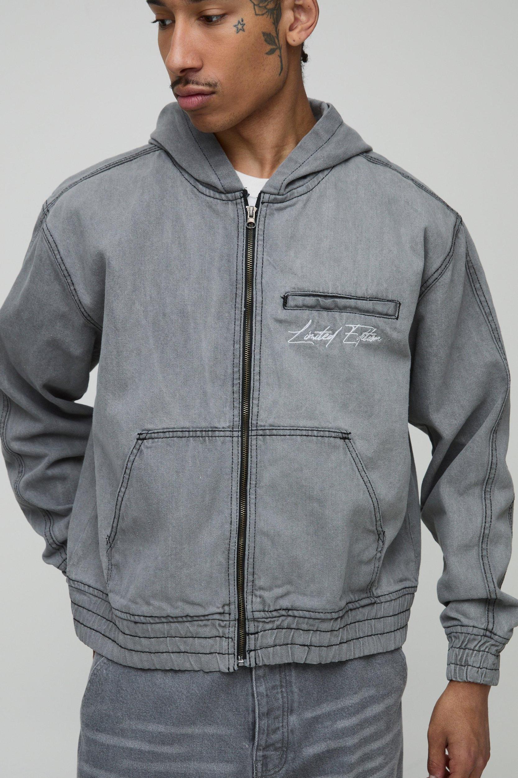 Boxy Embroidery Denim Hoodie | boohooMAN USA Product Image