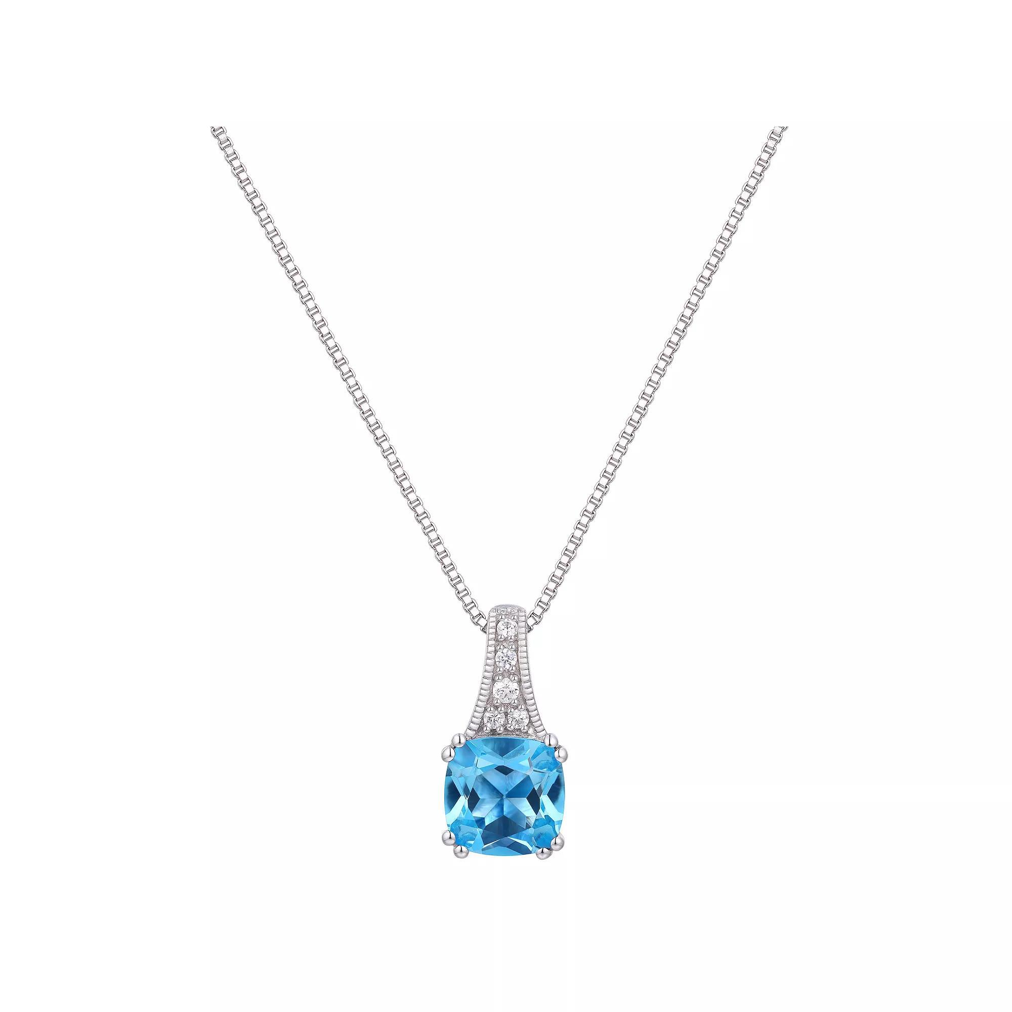 Rhodium Over Sterling Silver Square Gemstone With Lab-Created White Sapphire Accents Pendant Necklace, Women's, Size: 18", Genuine Blue Topaz Product Image