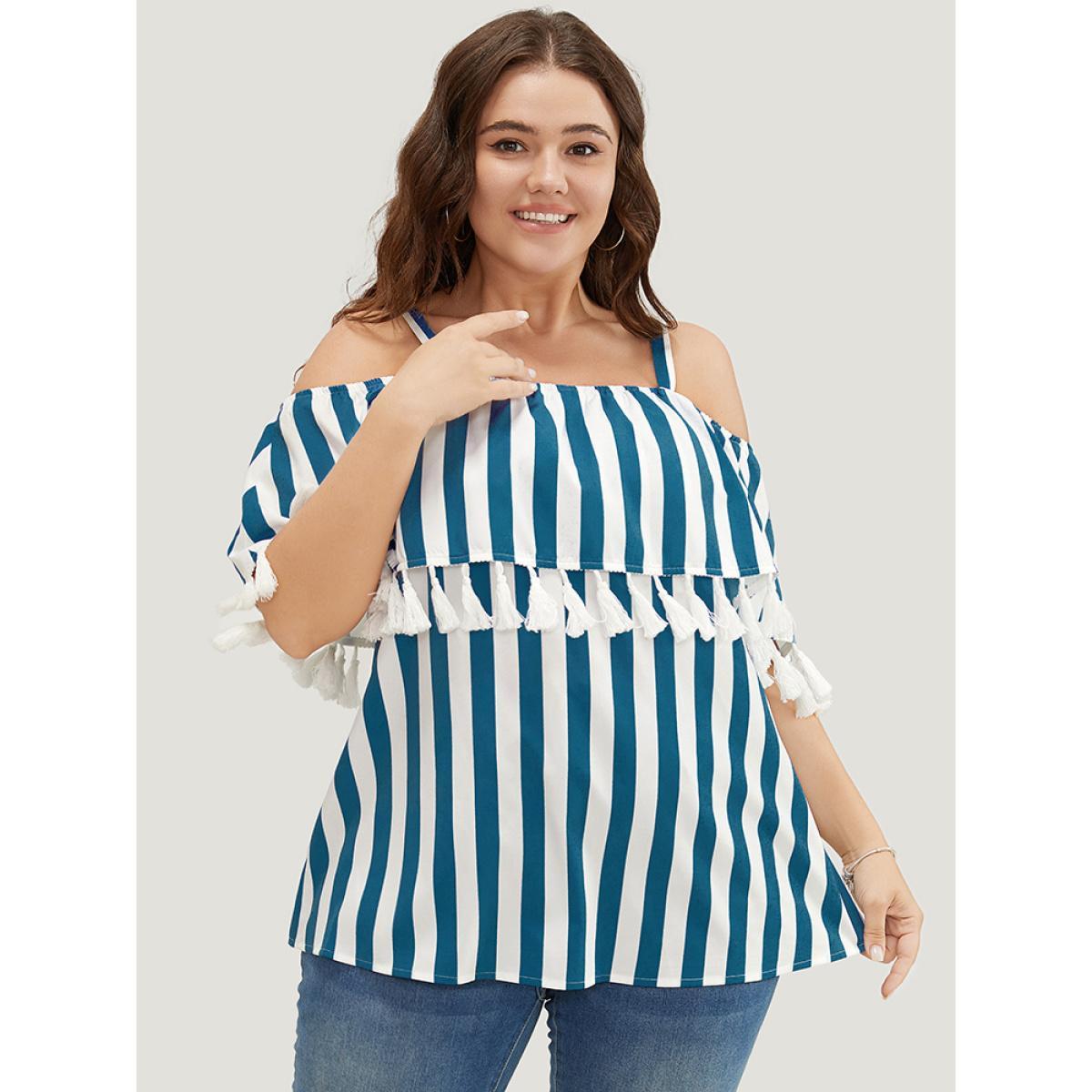 Plus Size Aegean Striped Print Tassels Trim Cold Shoulder Blouse Women Vacation Sleeveless Cold Shoulder Dailywear Blouses BloomChic 26/4X Product Image