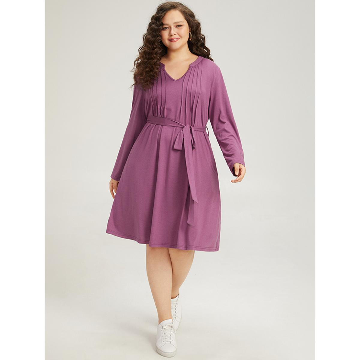 Plus Size Solid Notched Pocket Pleated Belted Dress Purple Women Casual Plain Notched collar Long Sleeve Curvy Midi Dress BloomChic 26/4X Product Image