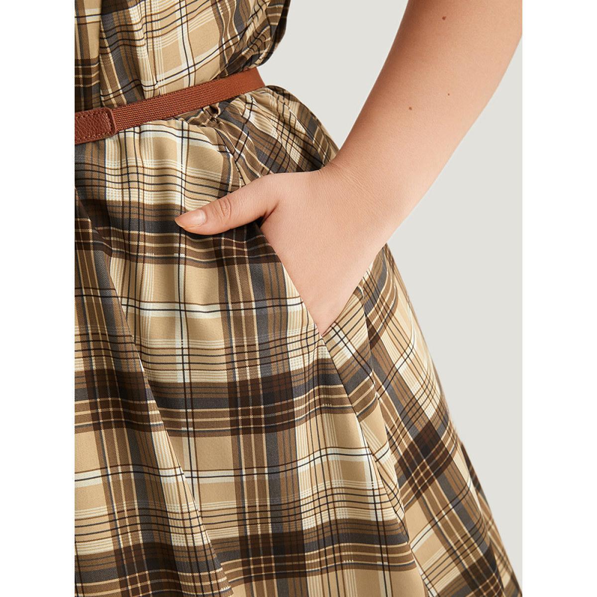 Plus Size Plaid Pocket V Neck Button Detail Dress Tan Women Casual Button V-neck Short sleeve Curvy Midi Dress BloomChic 26/4X Product Image