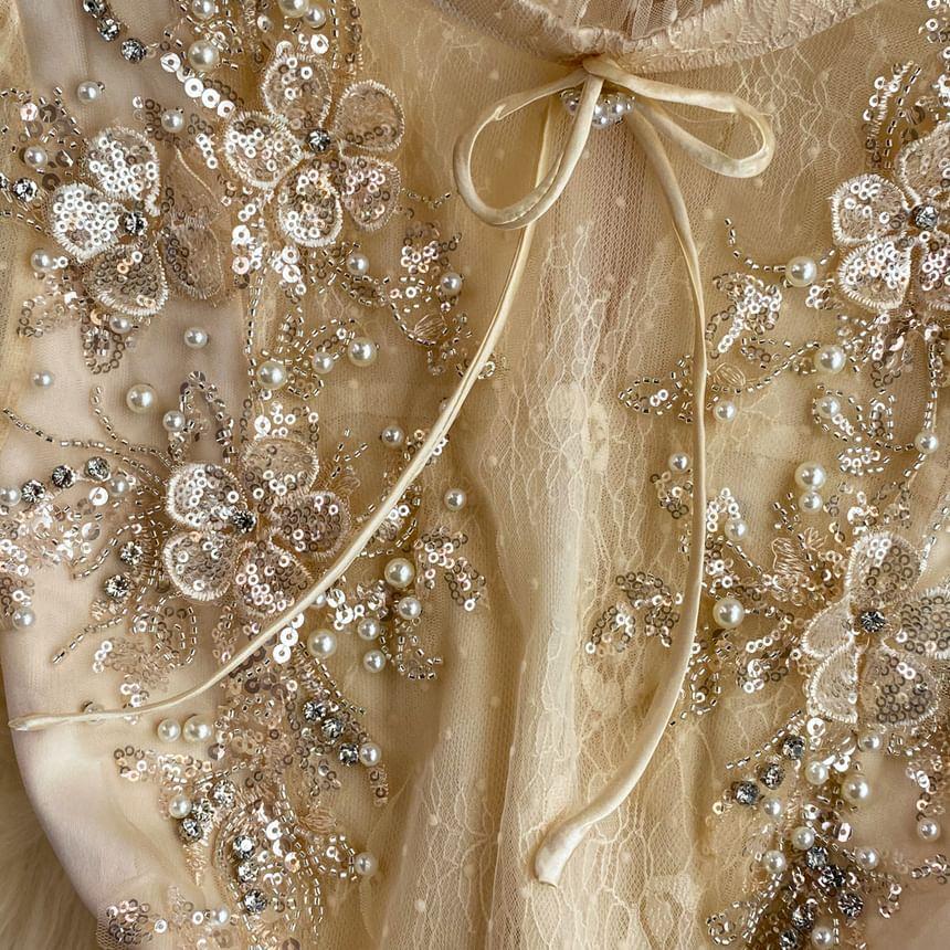 Puff-Sleeve Flower Embroidered Sequin A-Line Dress Product Image