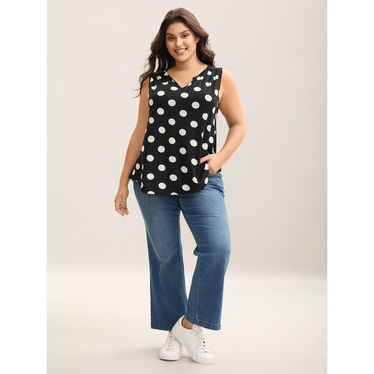 Plus Size Classic Polka Dots Notched Collar Tank Top Women Black Casual Gathered Notched collar Everyday Tank Tops Camis BloomChic 30/6X Product Image