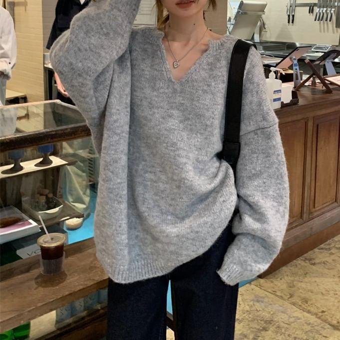 V-Neck Embroidered Plain Sweater Product Image