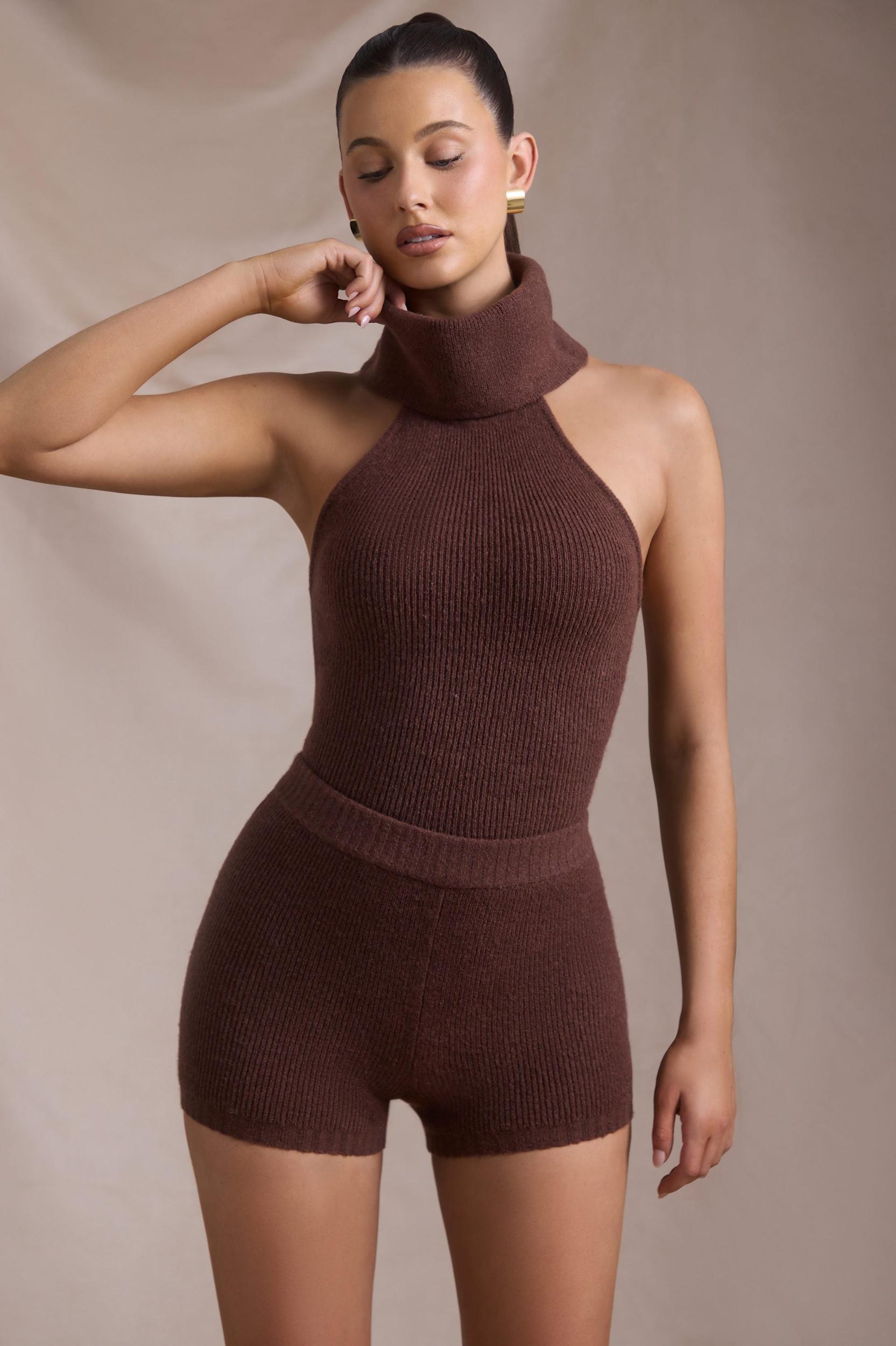 Ribbed-Knit Turtleneck Backless Top in Espresso Product Image