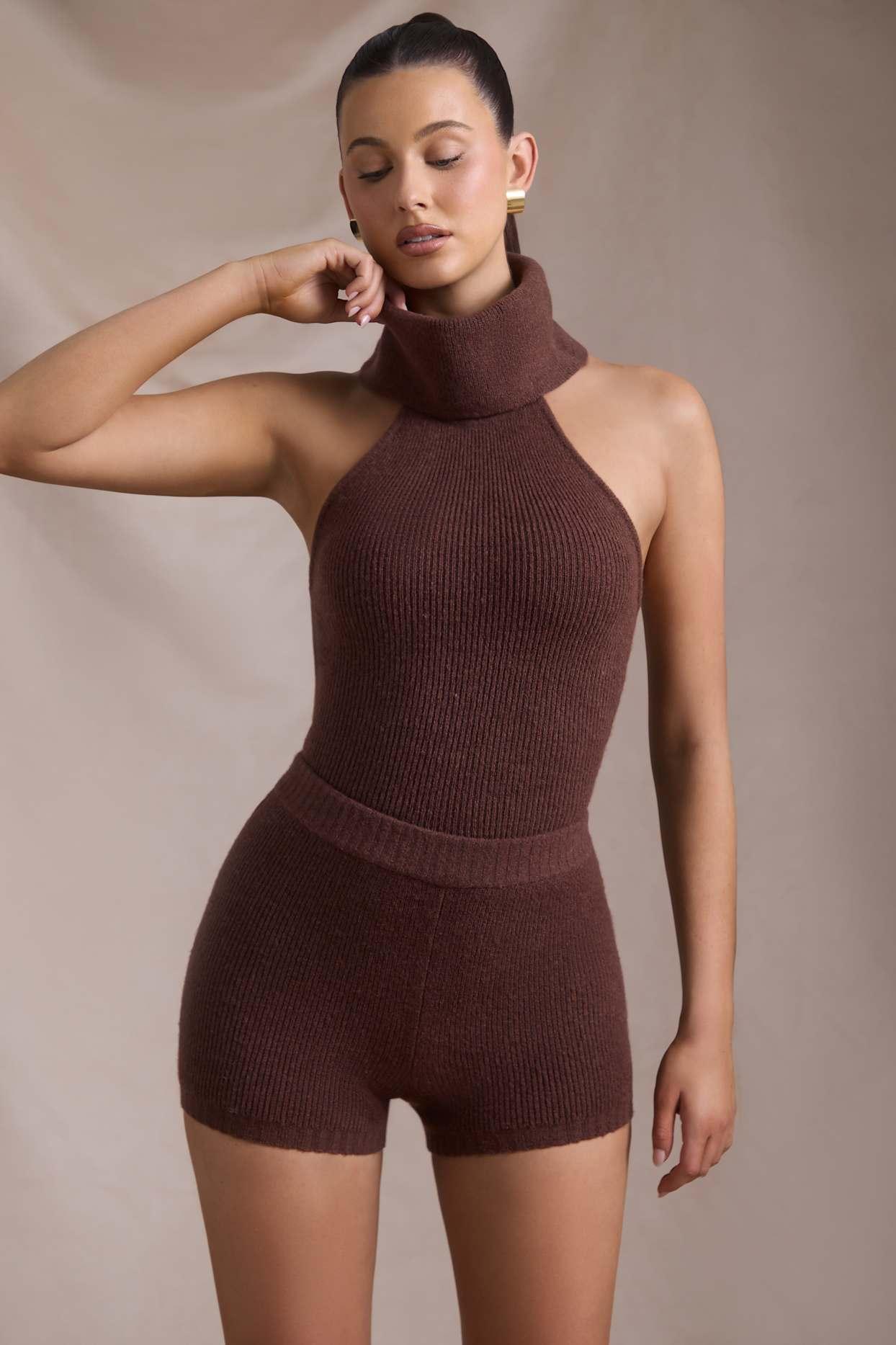 Ribbed-Knit Turtleneck Backless Top in Espresso Product Image