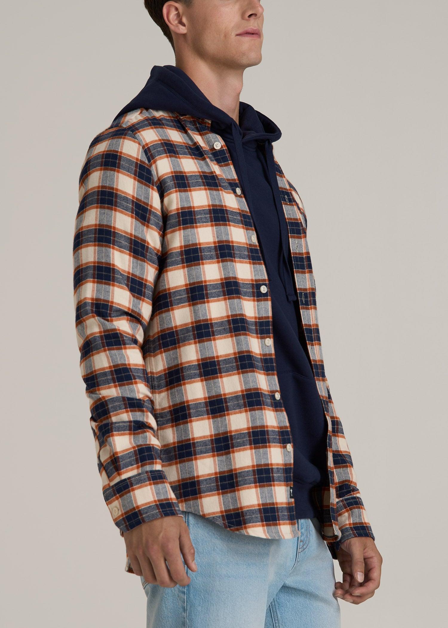 Midweight Brushed Flannel Button Shirt for Tall Men in Blue and Orange Plaid Product Image