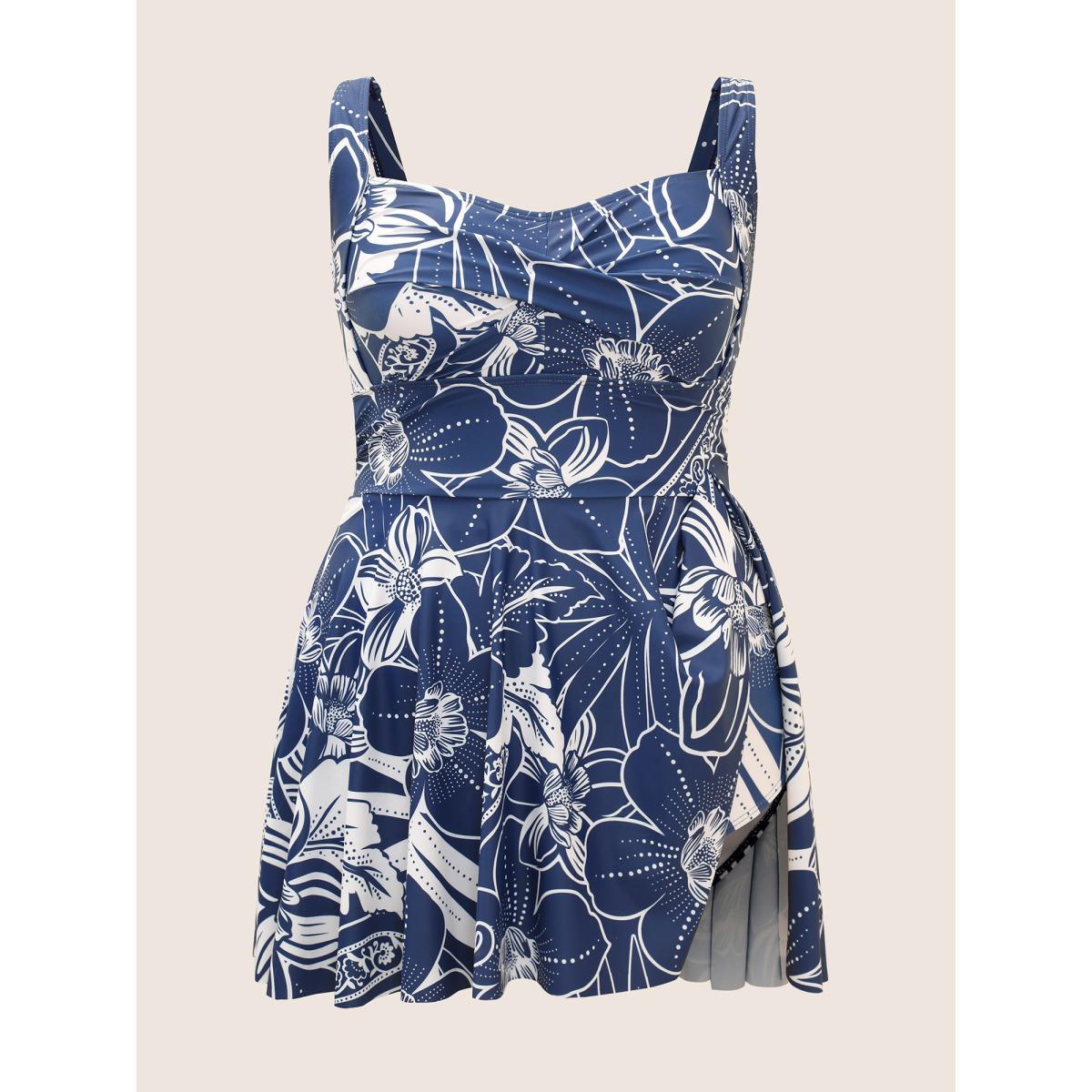 Plus Size Natural Flowers Heart Neckline Twist Swim Dress Women's Swimwear Indigo Beach Bodycon Heart neckline High stretch Curve Swim Dresses BloomChic 30/6X Product Image