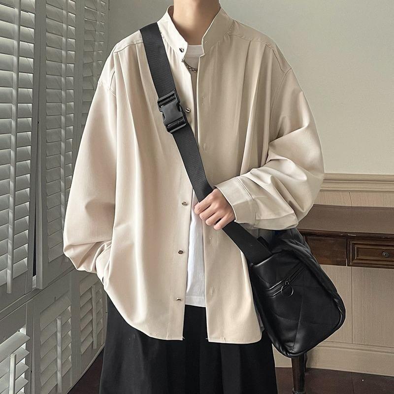Long-Sleeve Stand Collar Plain Button-Up Shirt Product Image