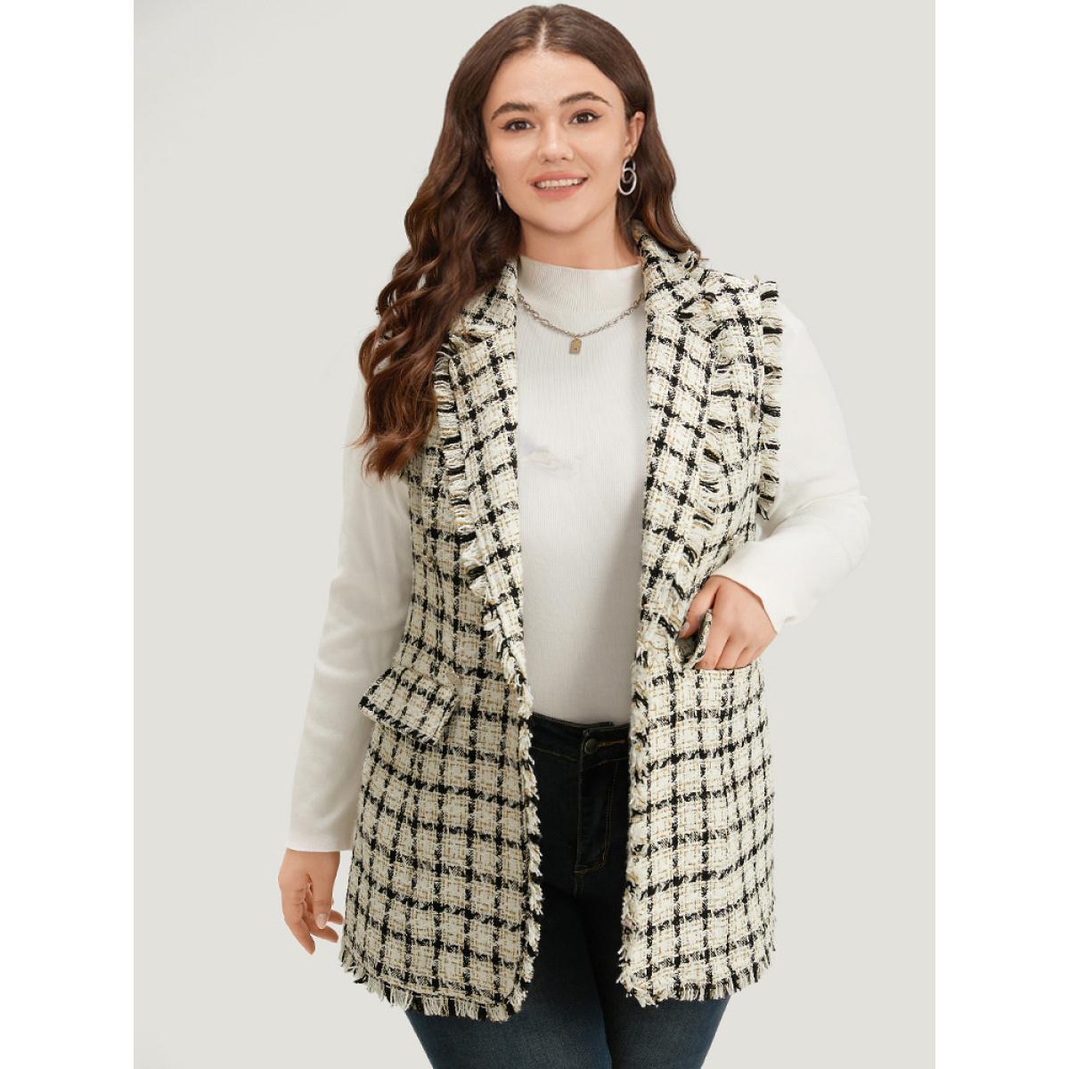 Plus Size Plaid Sleeveless Flap Pocket Button Up Blazer White Women Work Plaid Contrast Sleeve Long Sleeve Suit Collar 28/5X Pocket Casual Blazers BloomChic Product Image
