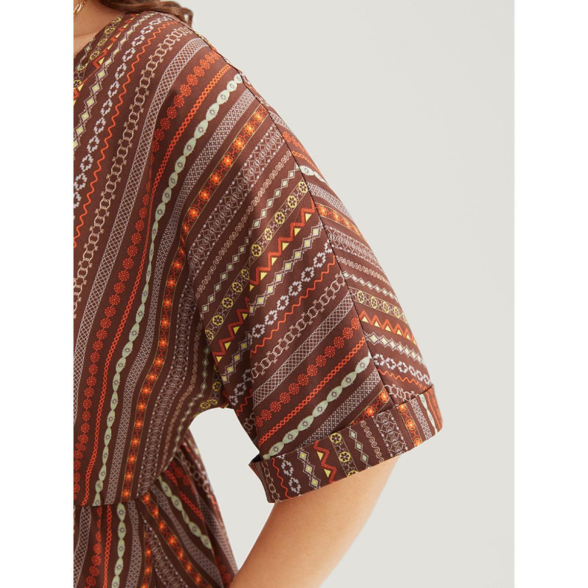 Plus Size Striped Geometric Dolman Sleeve Pocket Split Surplice Neck Ruffle Dress Brown Women Vacation Pocket Cold Shoulder Short sleeve Curvy Midi Dress BloomChic 14-16/1X Product Image