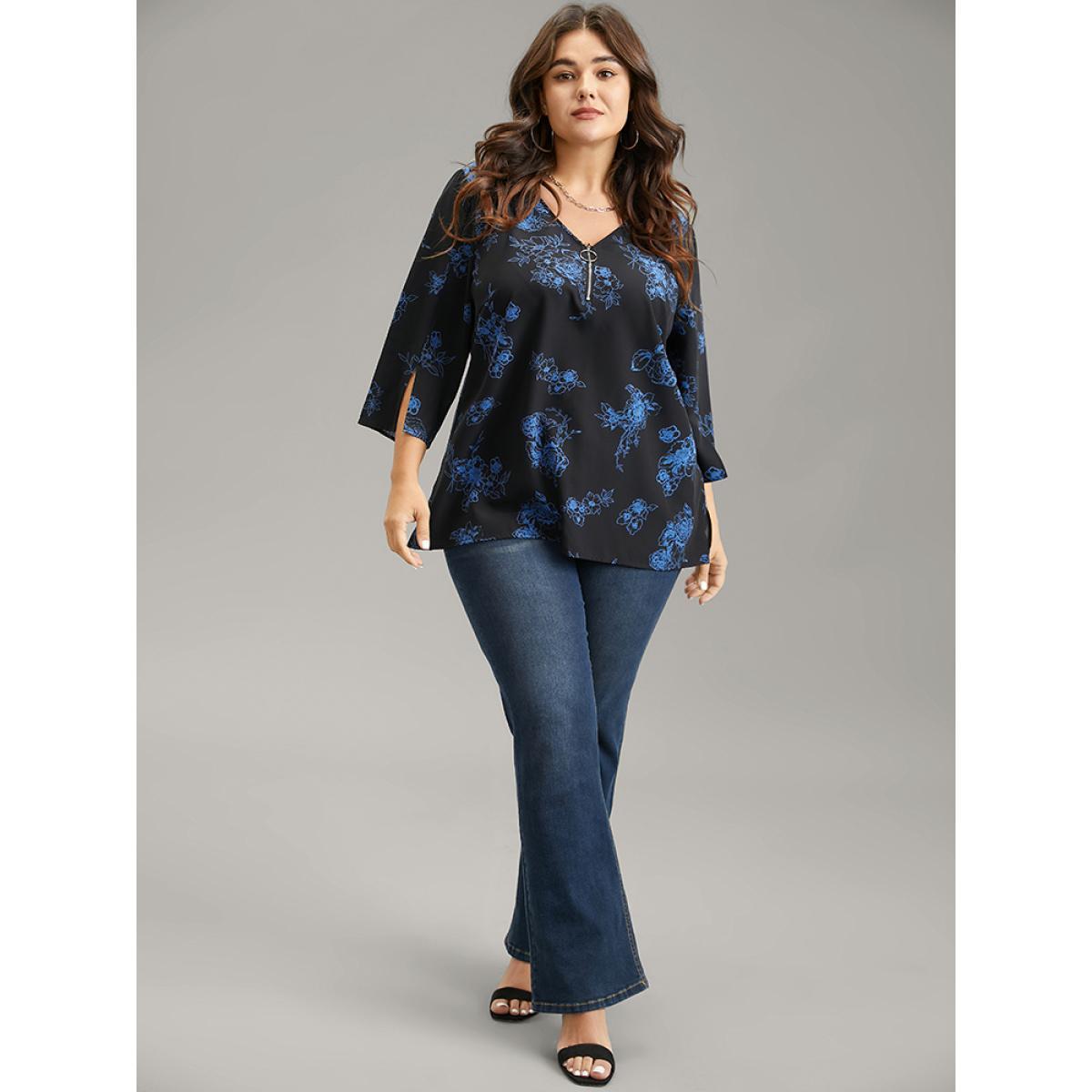 Plus Size Black Silhouette Floral Print Half Zip Split Sleeve Blouse Women Elegant Elbow-length sleeve V-neck Work Blouses BloomChic 22-24/3X Product Image